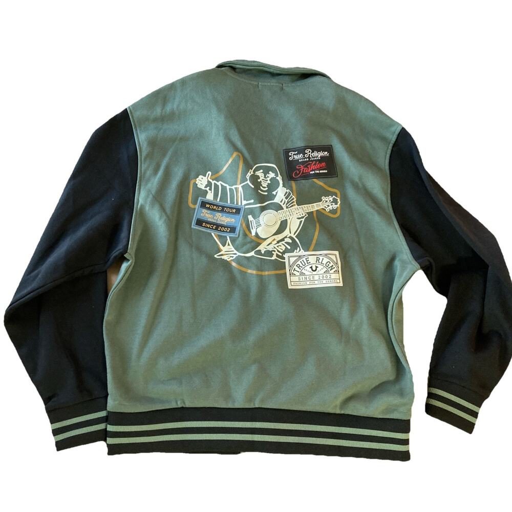 True Religion Collared Fleece Varsity Jacket Men’s‎ L New Green Black Patch Logo